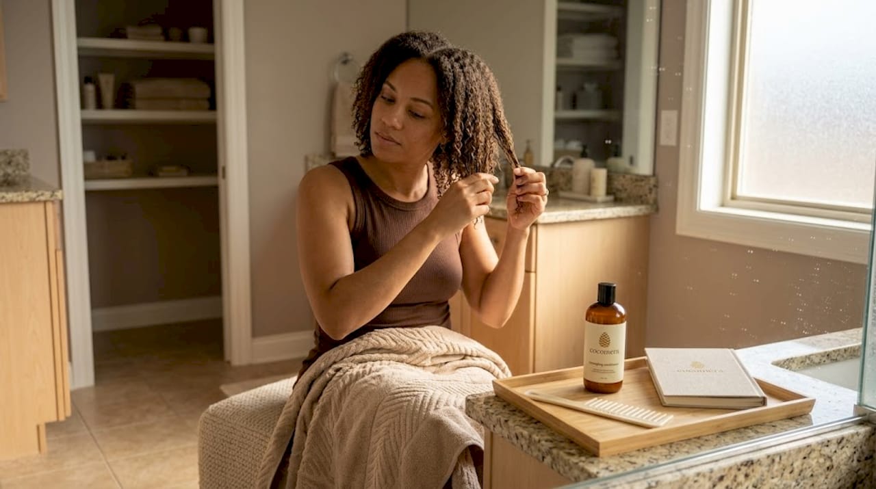 Woman detangling textured hair with comb and products
