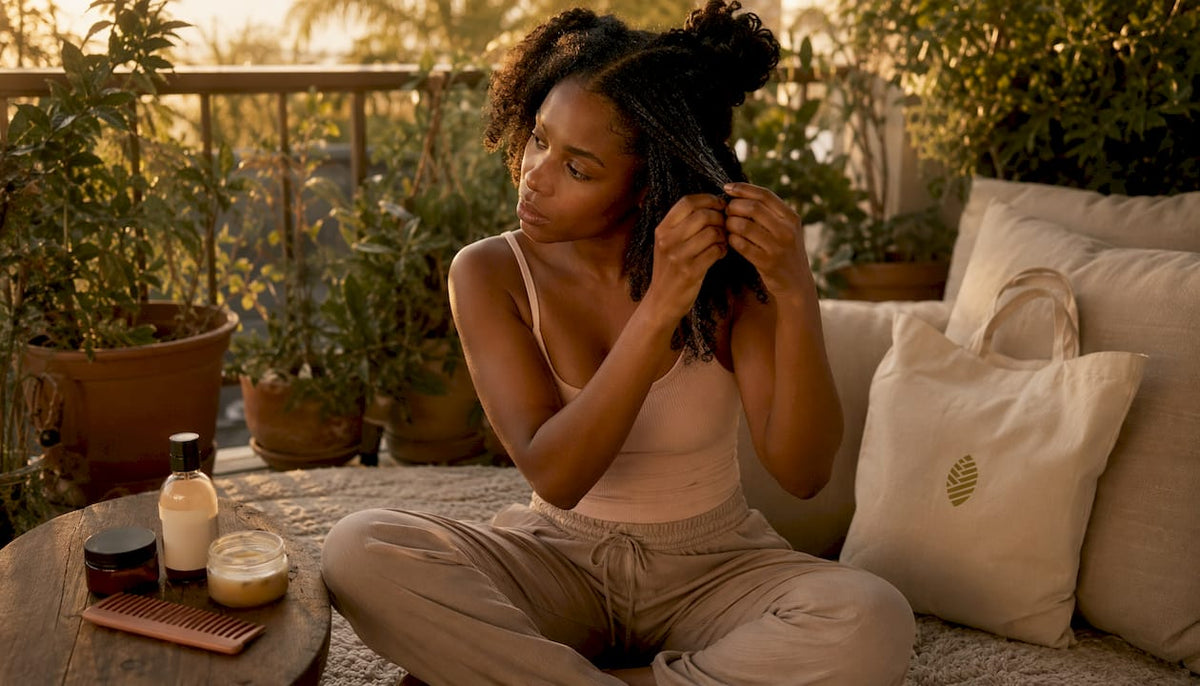 Woman twisting natural hair on bed in morning light