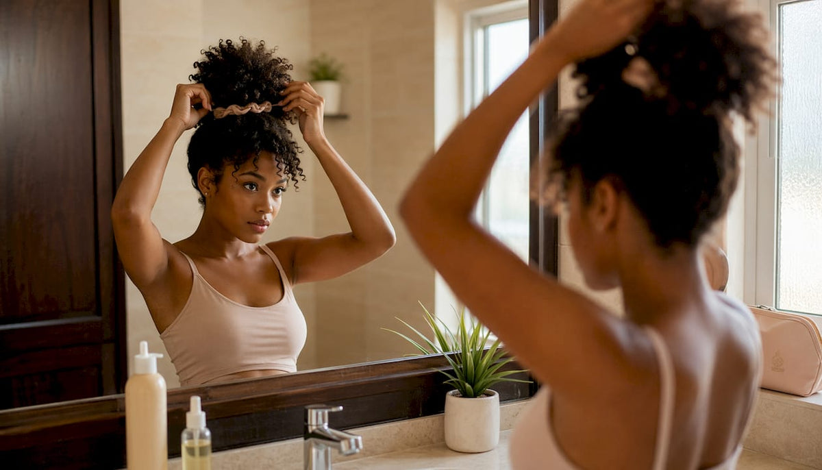 Woman tying loose pineapple hairstyle