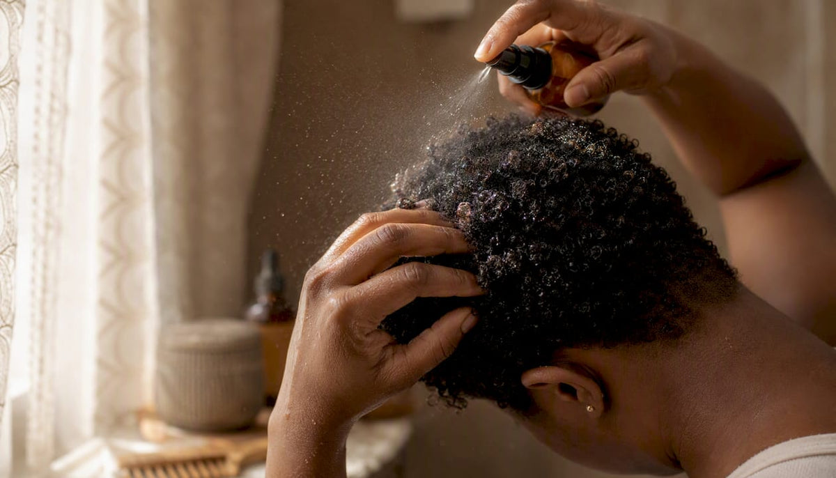 Hands misting water on short curly hair