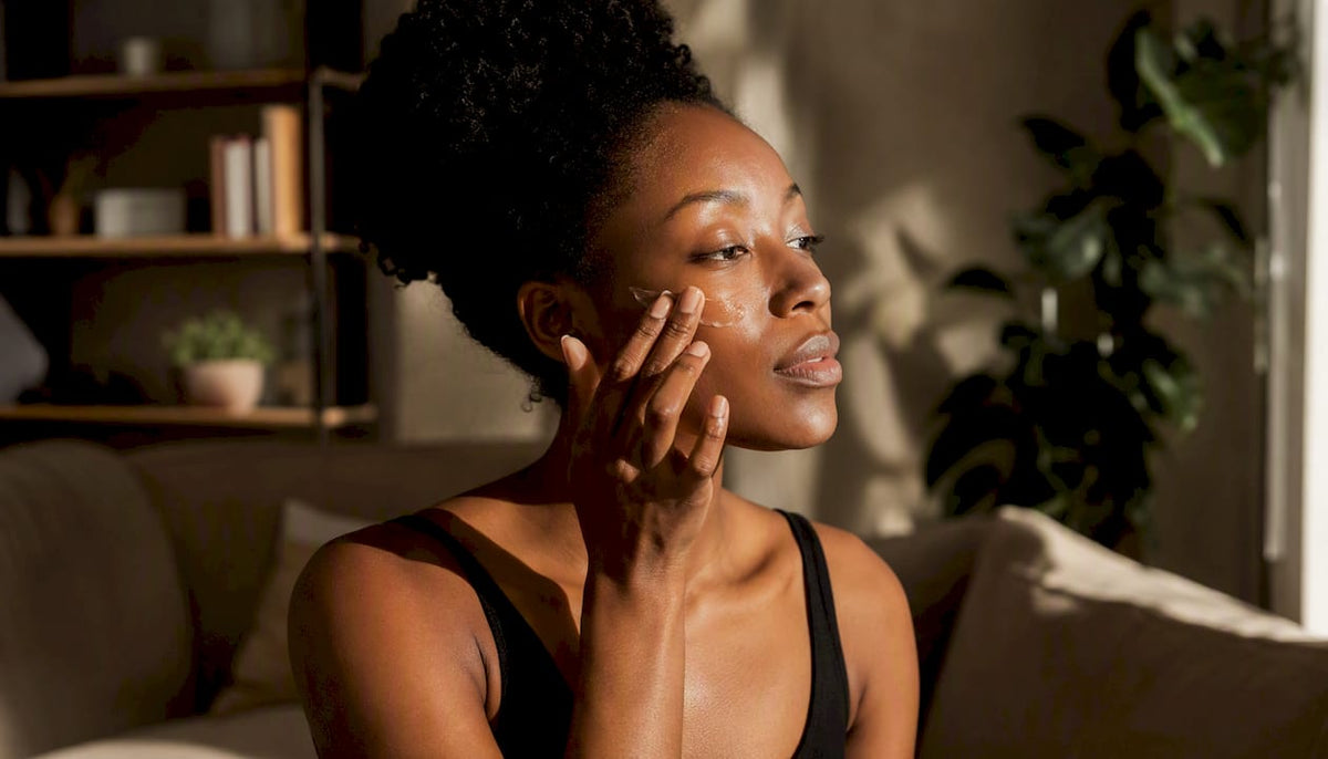 Hands applying moisturizer to melanin-rich skin