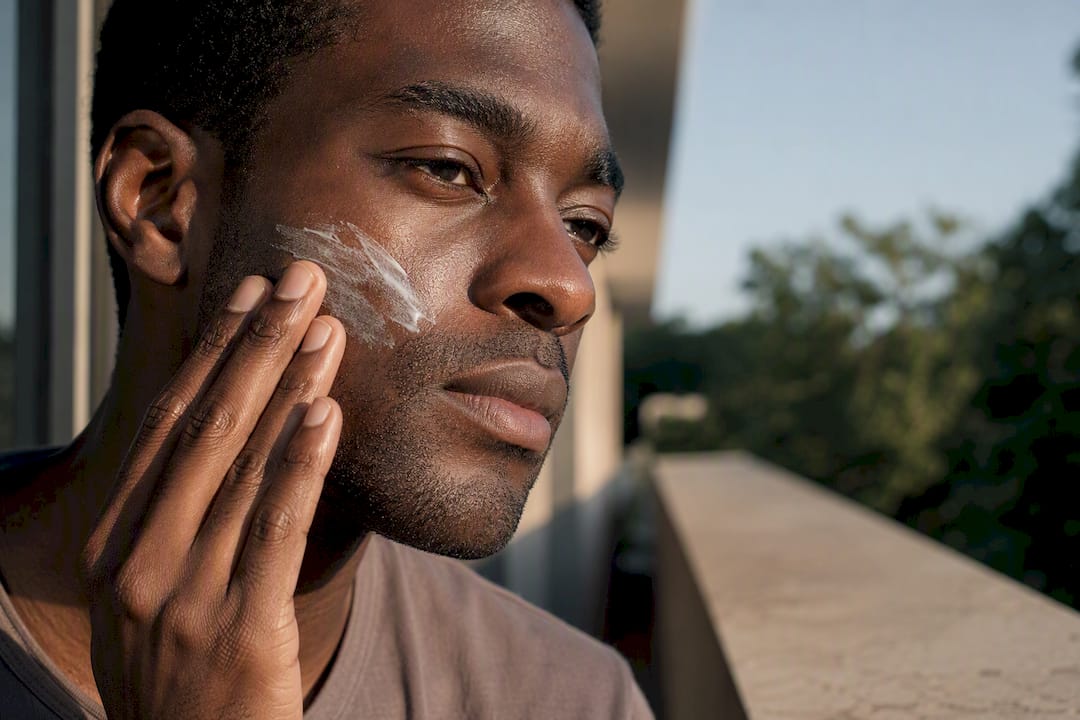 Dark-skinned adult applying sunscreen over short stubble