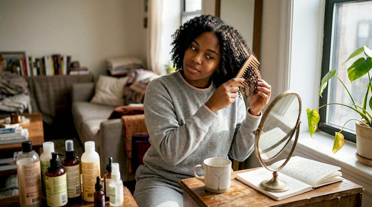 Woman styling afro 3 and 4 curls at dresser