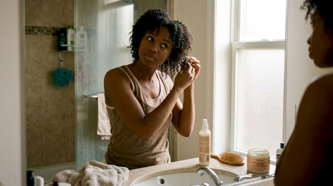 Woman caring for curly hair at bathroom sink
