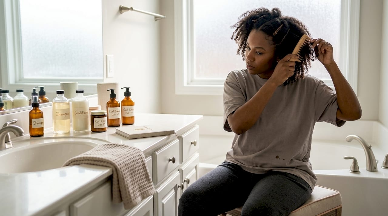 Woman sectioning coily hair in bathroom