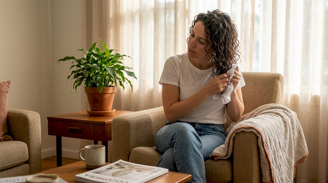 Woman air drying curly hair in relaxed home