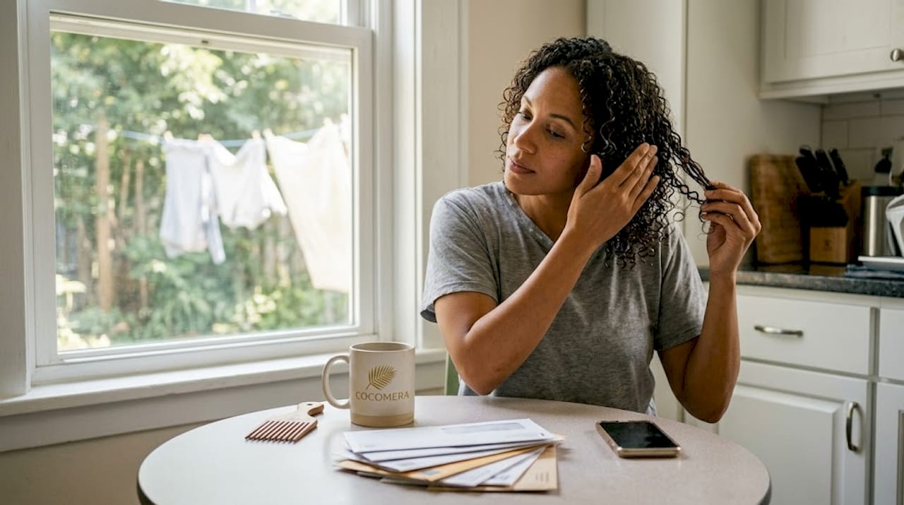 Woman moisturizing natural curls in home kitchen