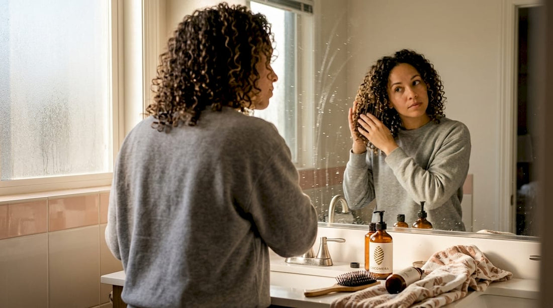 Woman applying curly hair conditioner at home
