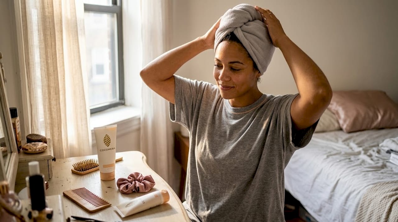 Woman using curly hair turban in bedroom