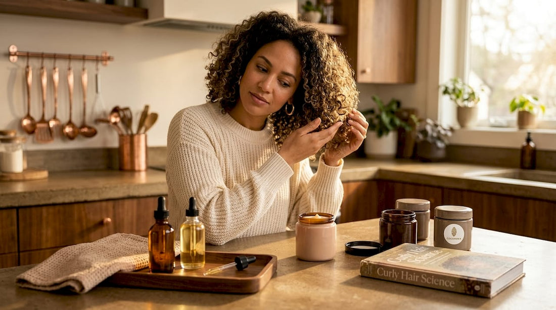 Woman applying cream to curly hair in kitchen