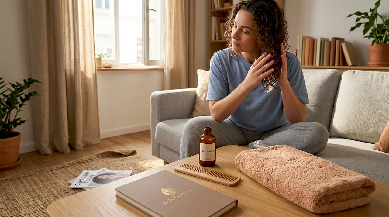 Woman applying curl cream in living room