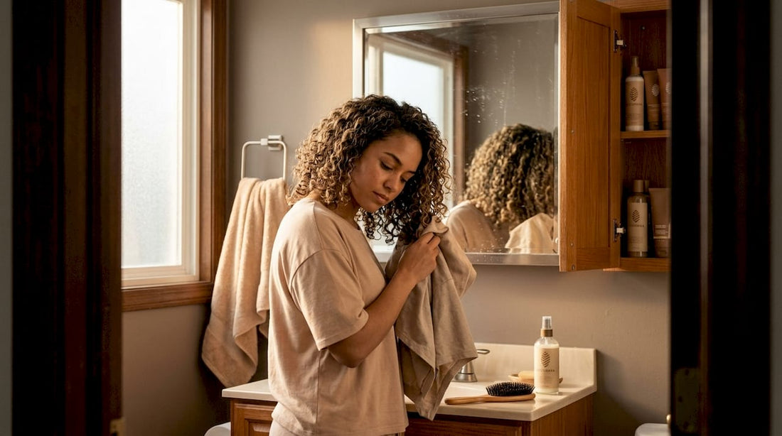 Woman caring for mixed-texture curls in bathroom