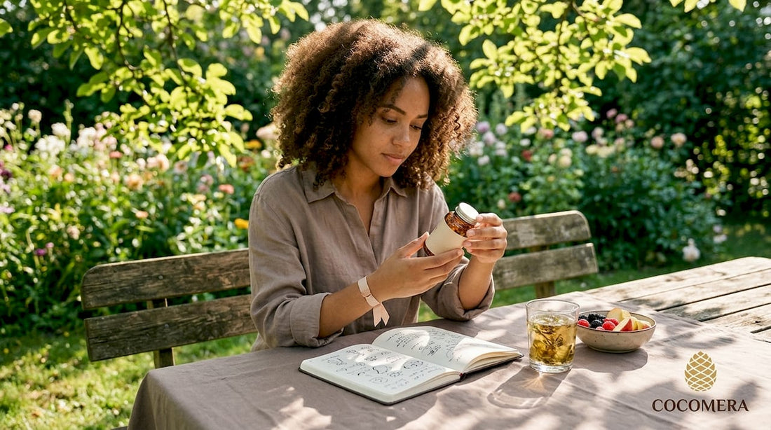 Woman examining hair vitamin supplements at kitchen table