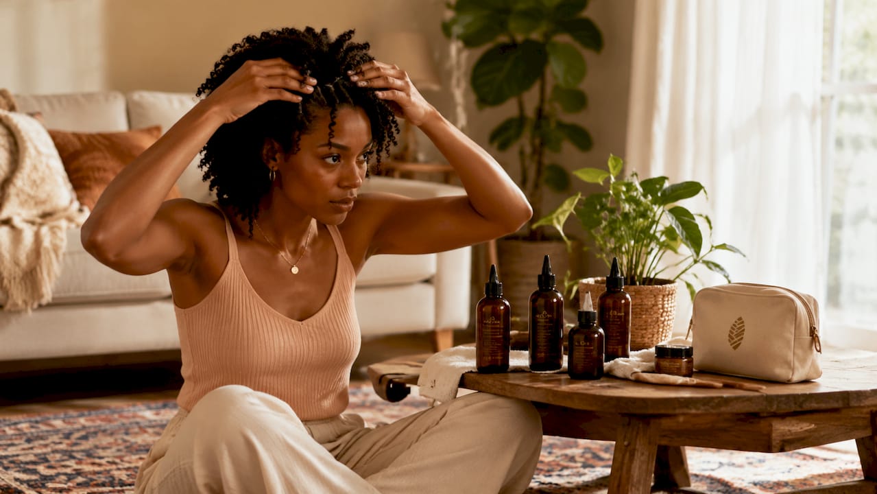 Woman applying scalp oil to afro hair