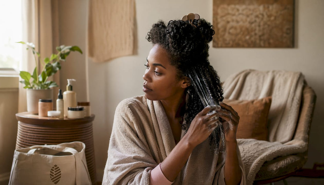 Woman applying protein treatment to textured hair