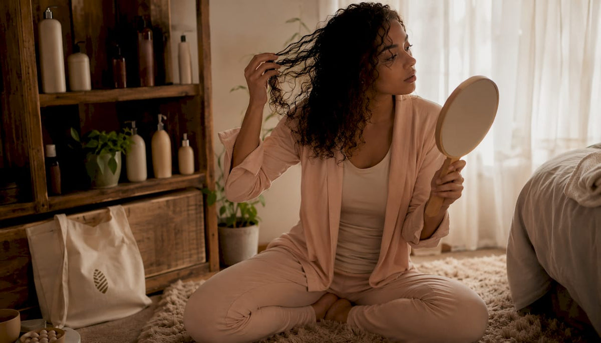 Woman examining curls in bathroom mirror