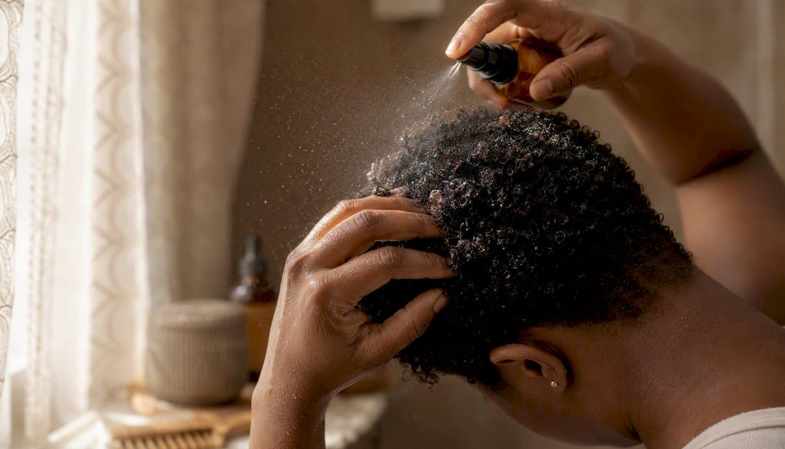 Hands misting water on short curly hair