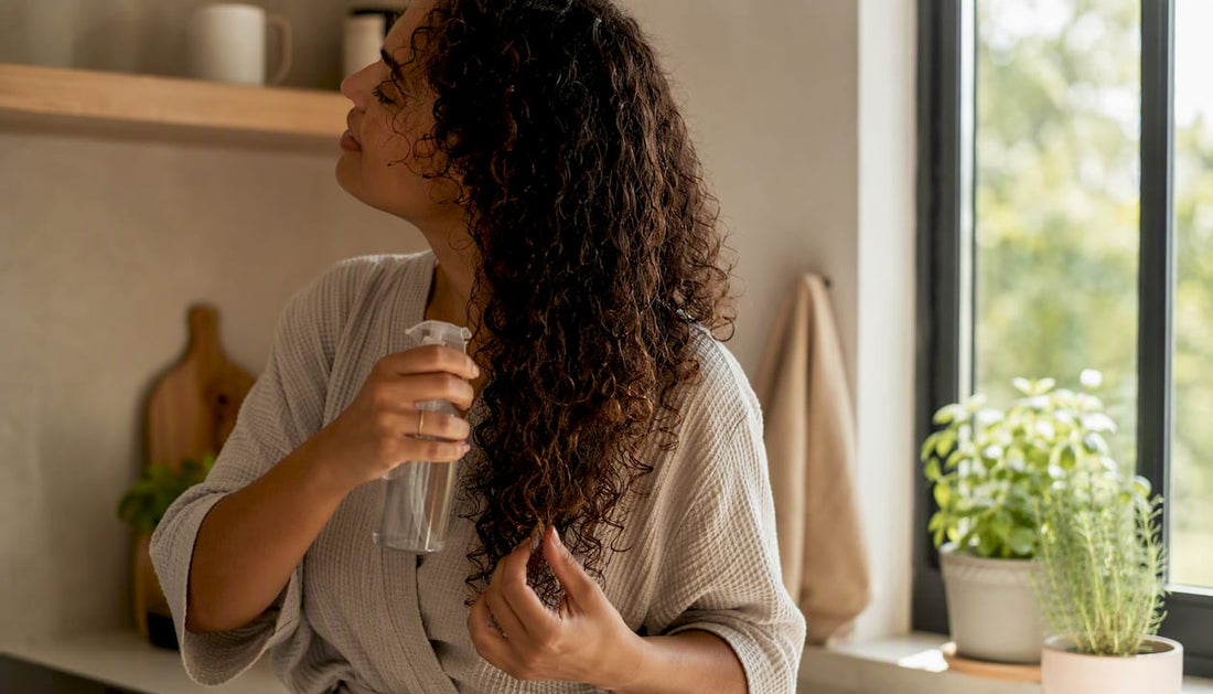 Woman applying glycerin treatment to damp curly hair