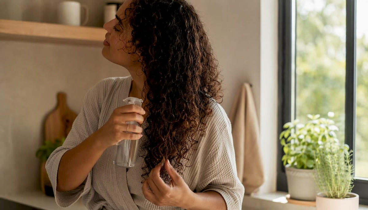Woman applying glycerin treatment to damp curly hair