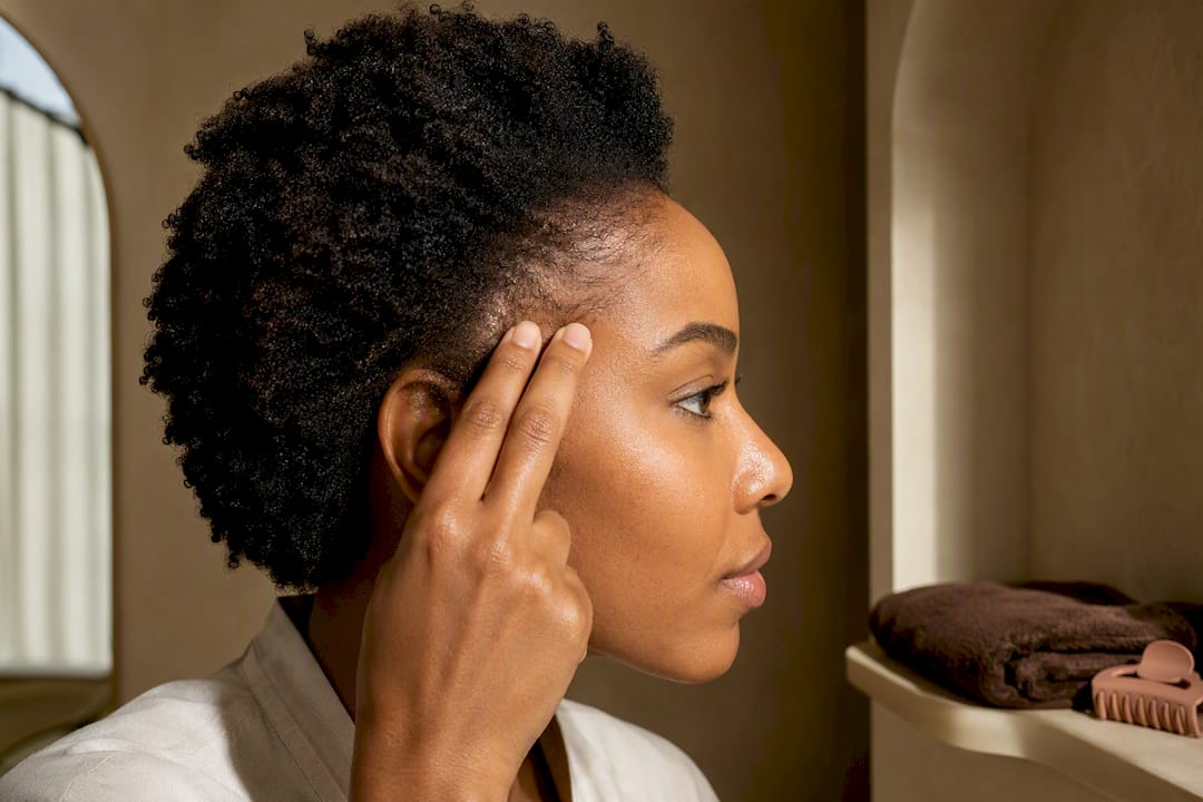 Fingertips gently massaging textured hair edges