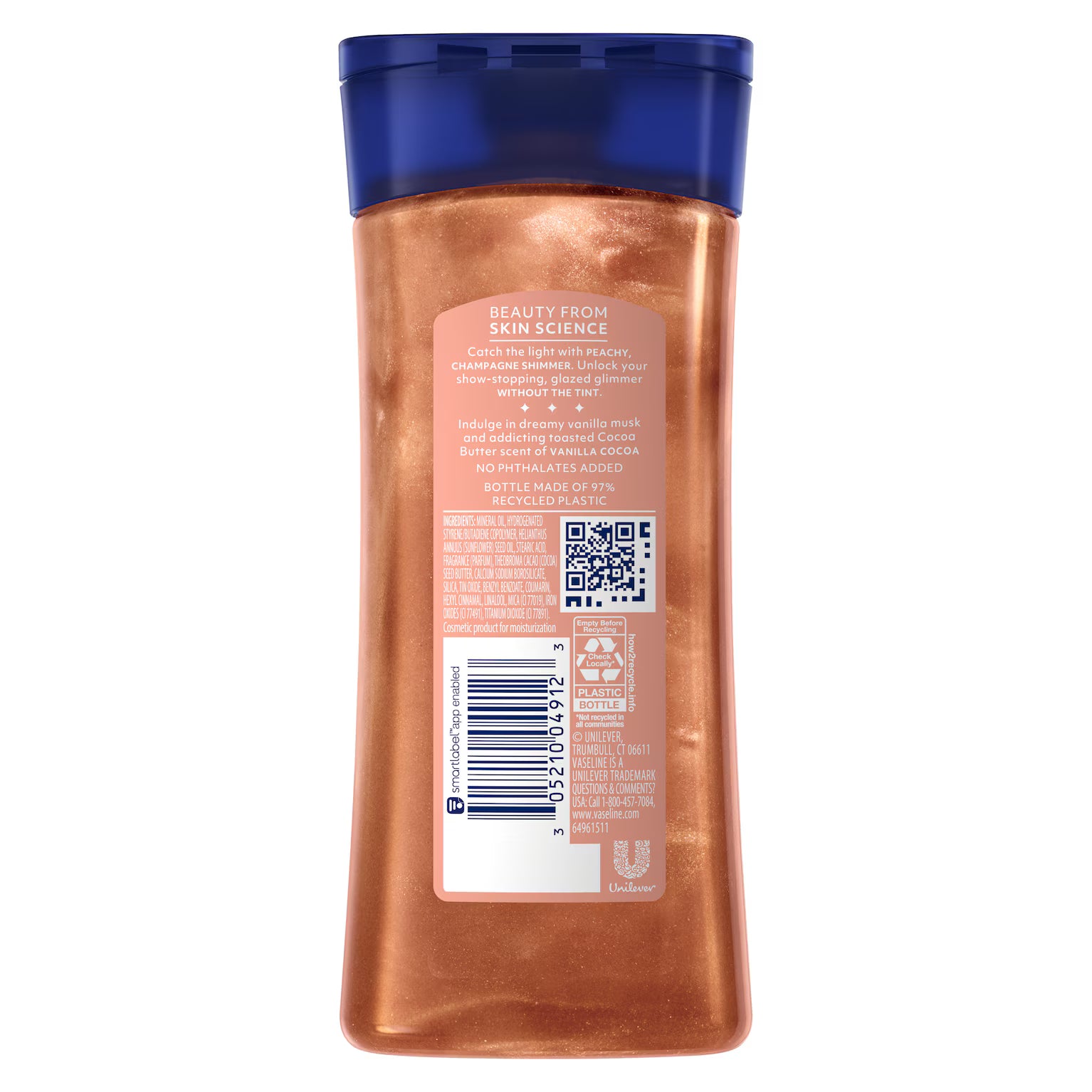 The back of a copper-colored plastic bottle of body wash with a dark blue cap, featuring product details, a barcode, and a QR code on a white background.