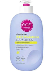 A 16 FL OZ bottle of EOS Shea Better 24H Moisture Body Lotion in vanilla cashmere, featuring a light lavender-blue bottle, white pump, and pink and yellow accents on the label.