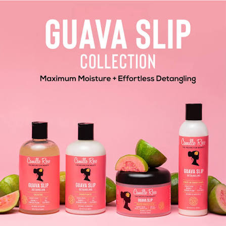 Four Camille Rose Guava Slip haircare products arranged on a pink background with sliced guava fruit around them. Large text at the top reads 'GUAVA SLIP COLLECTION' and 'Maximum Moisture + Effortless Detangling.
