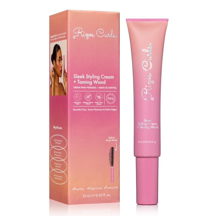 Pink 'Rizos y Curls' styling cream tube 15ml and packaging on a white background